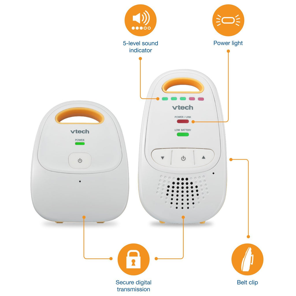 VTech Audio Baby Monitor — No Static DECT 6.0, No WiFi, Hack-Proof | 8Hr Battery, Belt Clip, 1000ft Range, 5-Level Sound Indicator | DM111