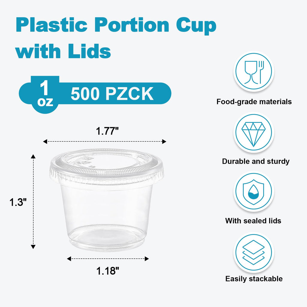 Lamosi 500 Set 1 oz Jello Shot Cups with Lids, Small Plastic Food Portion Condiment Cups with Lids, Food Safe Disposable Soufflé Storage Containers for Salad, Dressing, Sauce, Dipping, Snacks