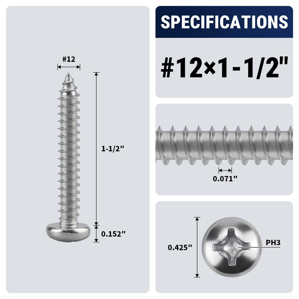 #12 x 1-1/2" (100 Pack) Stainless Steel Phillips Pan Head Wood Screws, Stainless Steel 304 (18-8), Pan Head Sheet Metal Screws Self Tapping for Wood