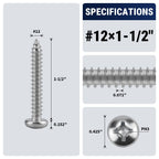 #12 x 1-1/2" (100 Pack) Stainless Steel Phillips Pan Head Wood Screws, Stainless Steel 304 (18-8), Pan Head Sheet Metal Screws Self Tapping for Wood