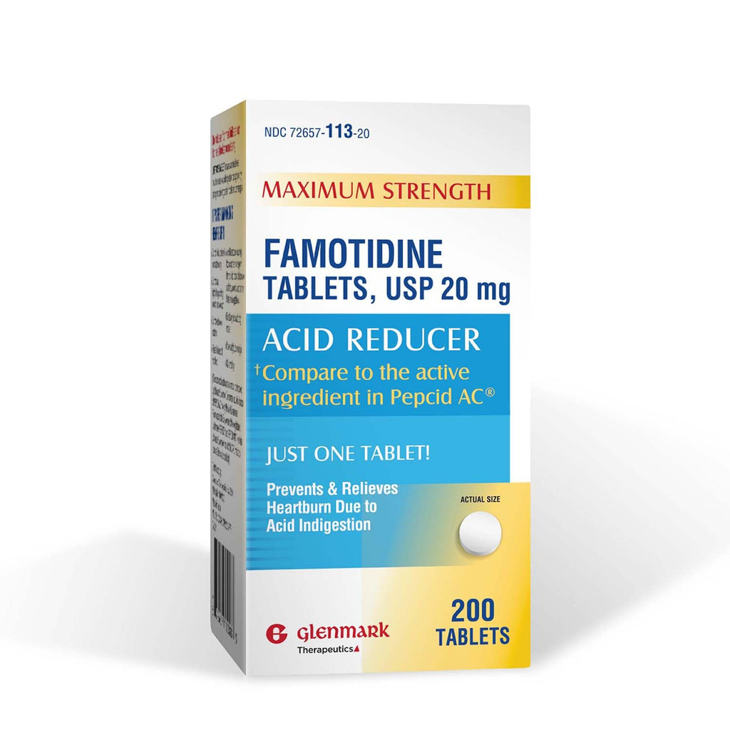 Glenmark Maximum Strength Famotidine Tablets, 20 mg, Acid Reducer for Heartburn Relief, 200 Count
