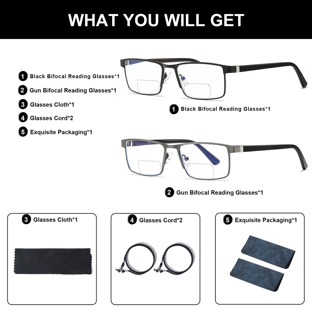 LKEYE Bifocal Reading Glasses Men Progressive Blue Light Blocking Computer Readers No Line Wide Metal Frame Designer Cheaters Transition Square Stylish Fashion Eyewear LK6013 +2.00 Strength