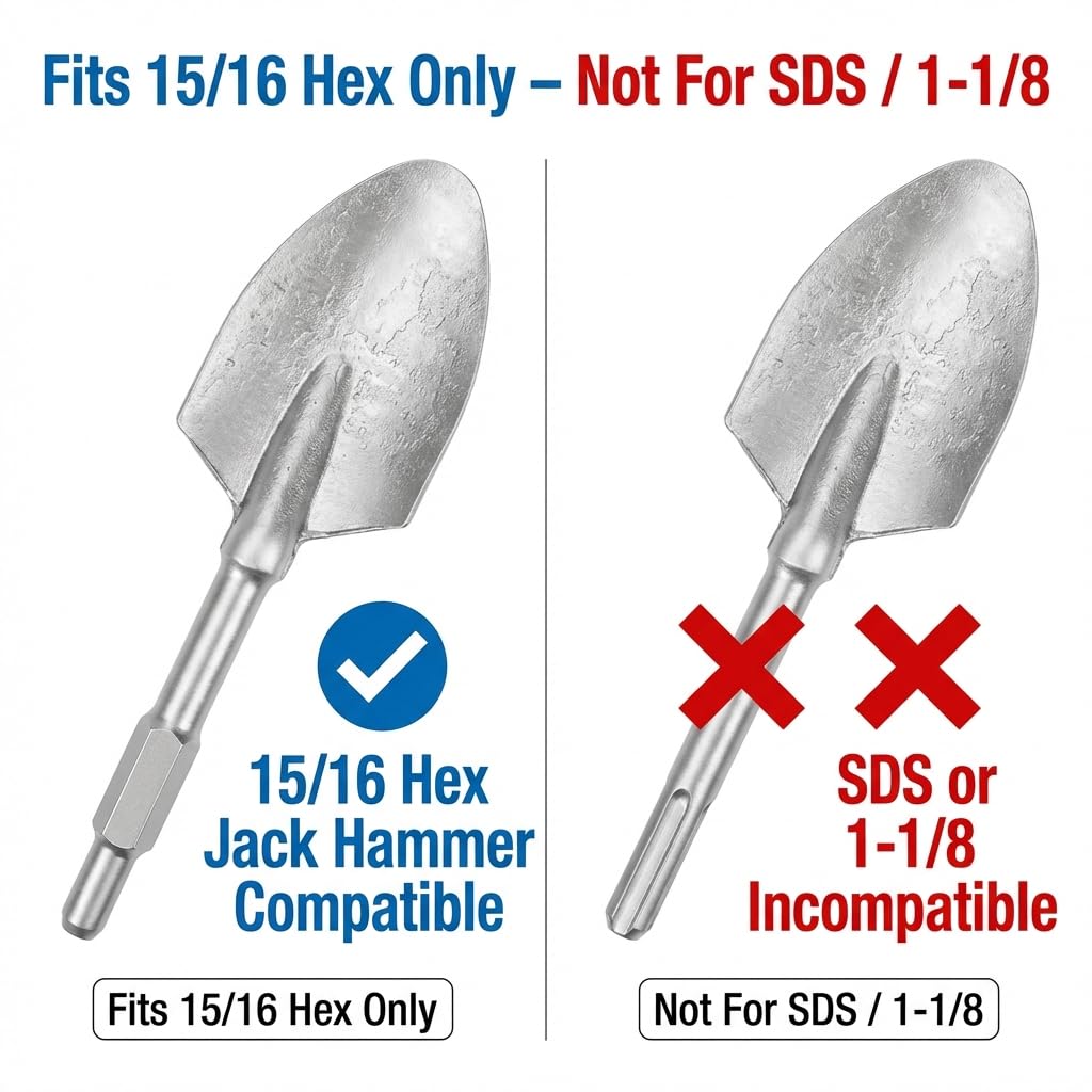 QWORK 17.3 Inch 15/16" Hex Shank Alloy Steel Scoop Shovel Bit – Fits Hex Jack Hammers for Soil, Clay & Frozen Ground Work