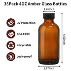 35 Pack 4oz Amber Glass Boston Round Bottles with Polycone Leak-Proof Phenolic Caps – Brown Airtight Refillable Containers for Homemade Vanilla Extract, Essential Oils, Herbal Medicine, and Syrups