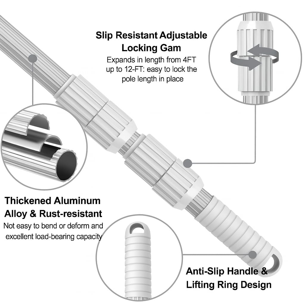 12 FT Pool Pole – Telescoping Aluminum 5/4" Diameter Pool Pole with Strong Grip & Lock - Heavy Duty 3-Piece Adjustable Design - Fits Any Skimmer, Brush, Vacuum Head