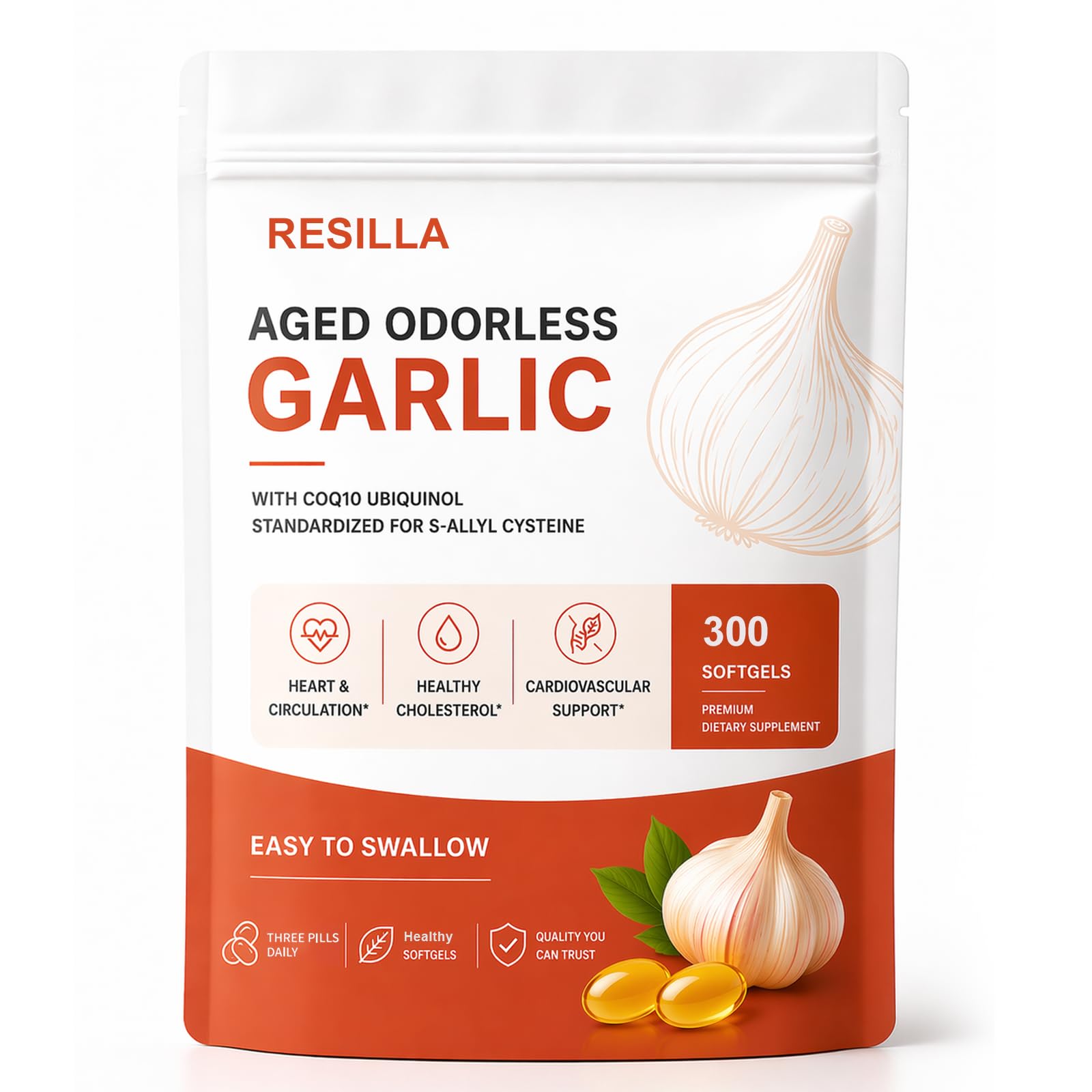 RESILLA Aged Garlic,Aged Odorless Garlic Softgels - 300 Softgels