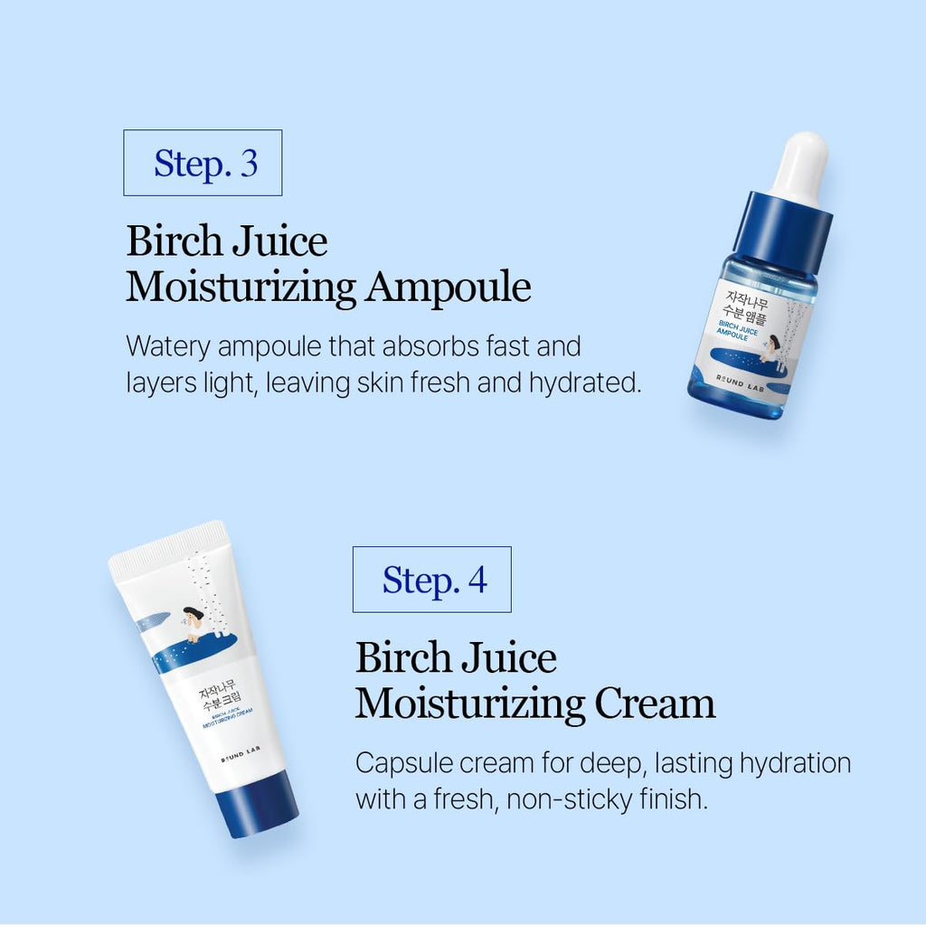 ROUND LAB Birch Juice Moisturizing Mini Kit, 4-Step Travel Size Skincare Set (Cleanser, Toner, Serum, Cream), Daily Skin Care Routine Trial Kit for Acne-Prone and Sensitive Skin, Korean Skin Care