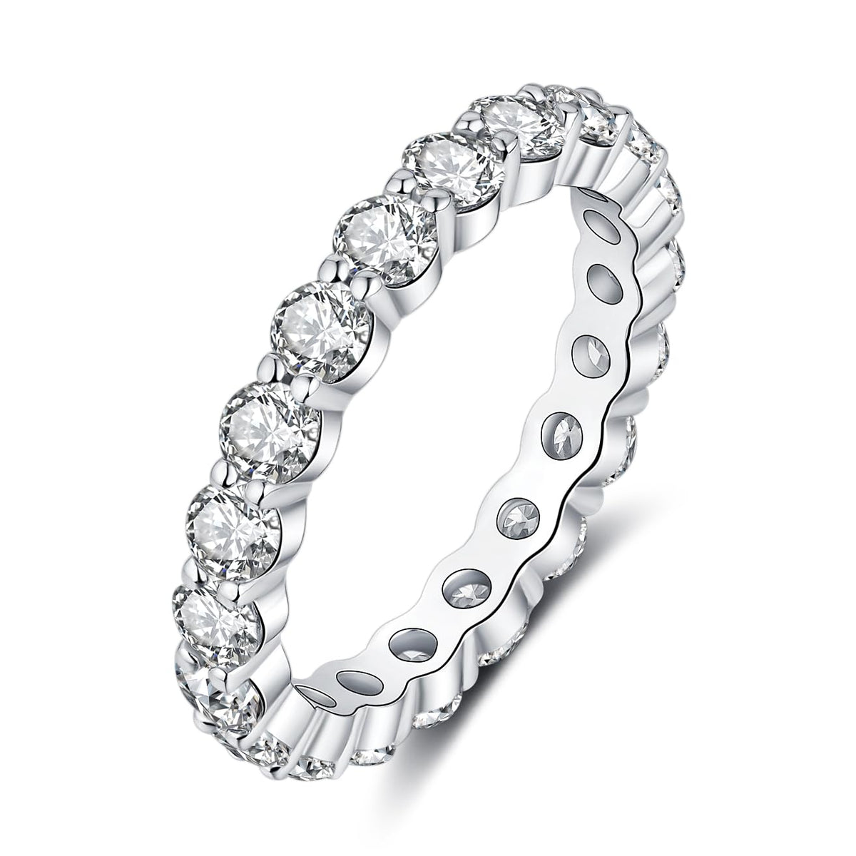 IMOLOVE Moissanite Wedding Band for Women, 3MM 18K White Gold Plated Sterling Silver Full Eternity Ring D Color VVS1 Round Cut Anniversary Promise Jewelry Size 8– Shine Bright, Spend Light