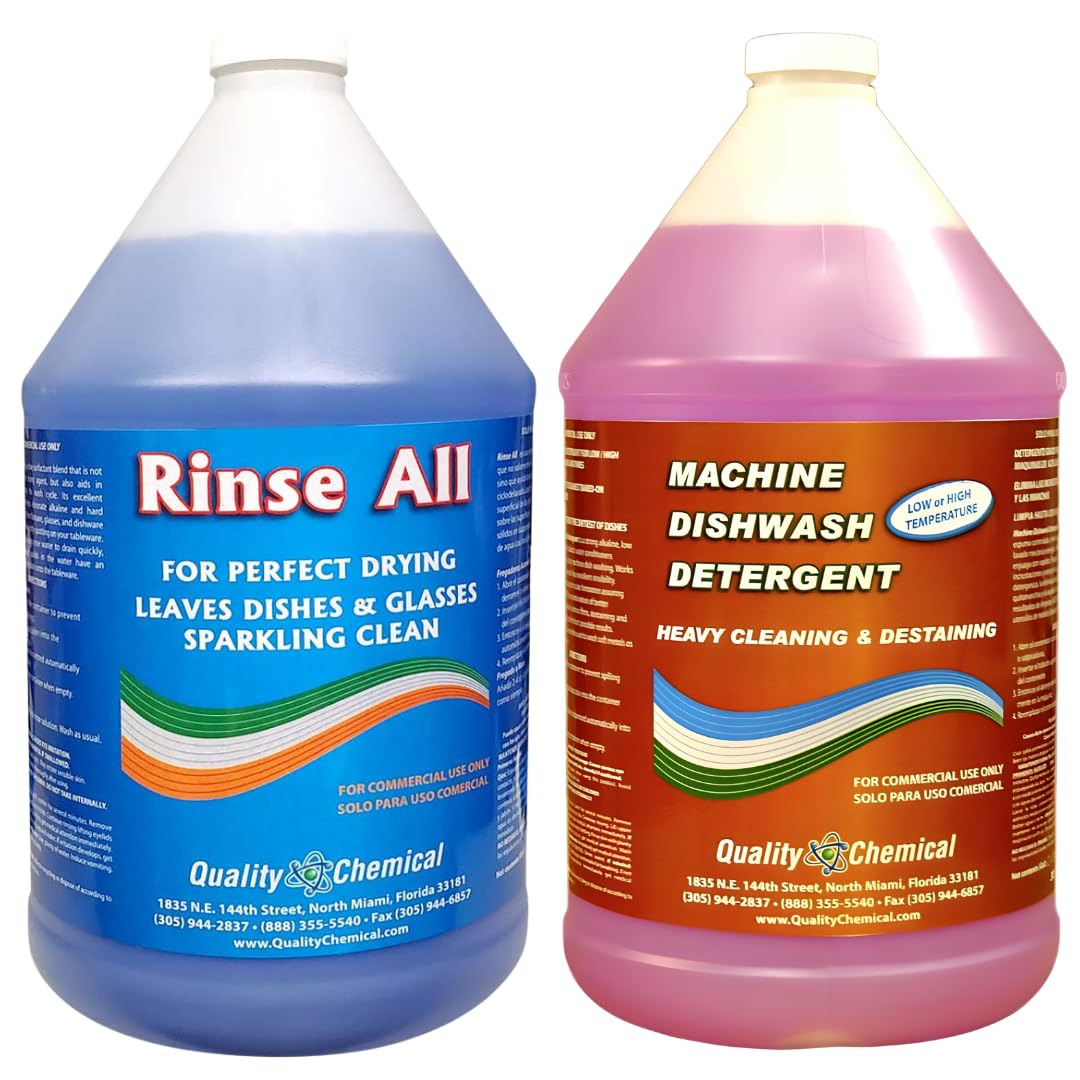 Quality Chemical Heavy Duty Liquid Alkaline Commercial Dishwasher Detergent (1 Gallon) - Rinse All/Commercial Industrial Grade Rinse Aid/Dishwasher Rinse Aid, heat and cool dry Finish (1 Gallon)