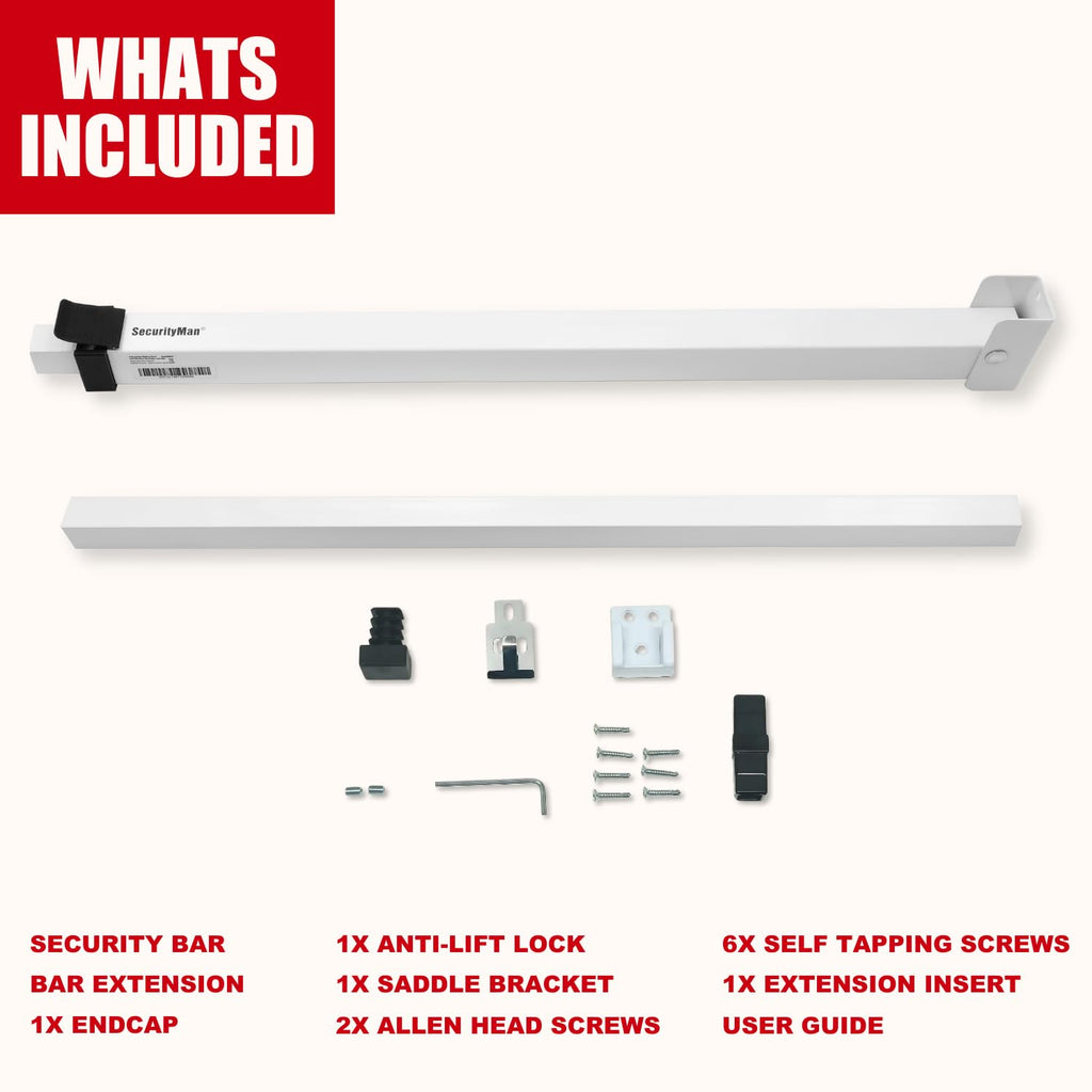 SECURITYMAN Sliding Door Security Bar-Child Proof Sliding Door Lock Bar with Anti Lift Lock - Fits Most Doors & Windows - Adjustable Patio Door Security Bar (18.75"- 51.1") - White