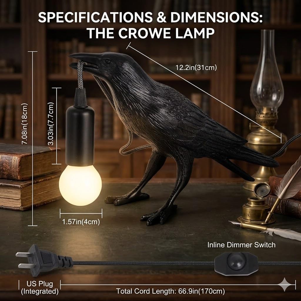 OVANUS Crow Lamp Gothic Decor, Raven Table Night Light with Adjustab