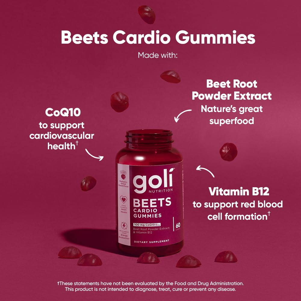 Goli Beets Cardio Gummies with CoQ10 and Vitamin B12 - Beetroot Extract - Cardiovascular Wellness - Vegan, Non-GMO, Gluten-Free - 60 Count (3 Pack)