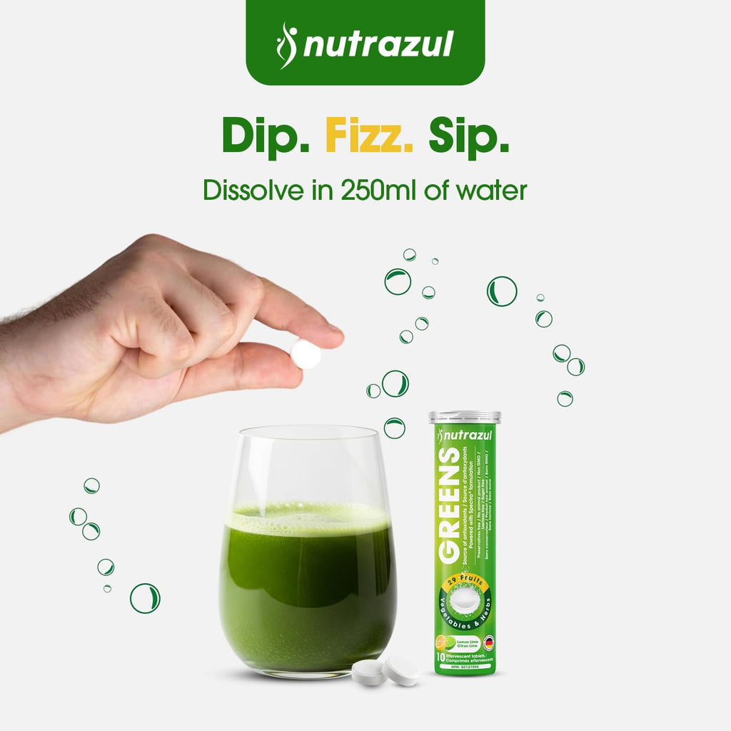 nutrazul Greens Effervescent Tablets - Daily Super Greens Supplement with 29 Superfoods - Antioxidant & Immune Support - Lemon Lime Flavor - Non-GMO - 30 Tablets