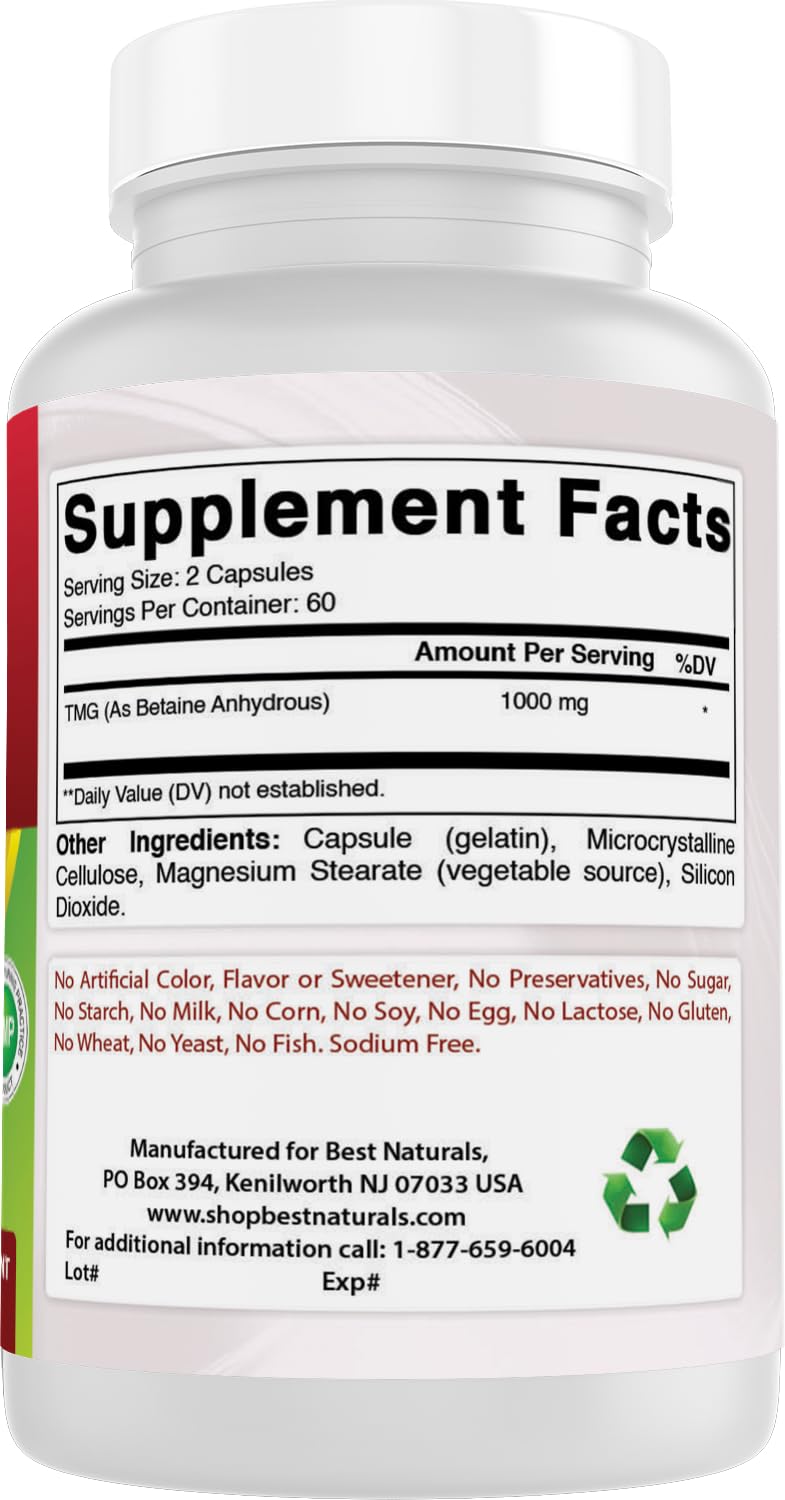 Best Naturals TMG Trimethylglycine (as Betaine Anhydrous) 1000 mg Serving - 120 Capsules - Healthy Homocysteine Levels & Methylation Support (120 Count (Pack of 2))