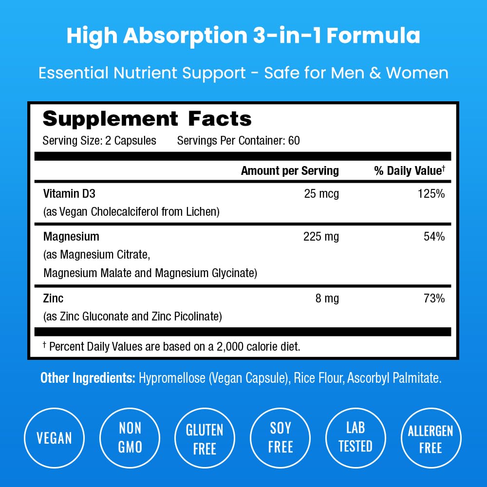 NutraChamps Magnesium Zinc & Vitamin D3 Supplement - Most Bioavailable Forms; Magnesium Glycinate, Malate, Citrate - Bone, Muscle & Heart Health, Immune Support - 120 Vegan Capsules