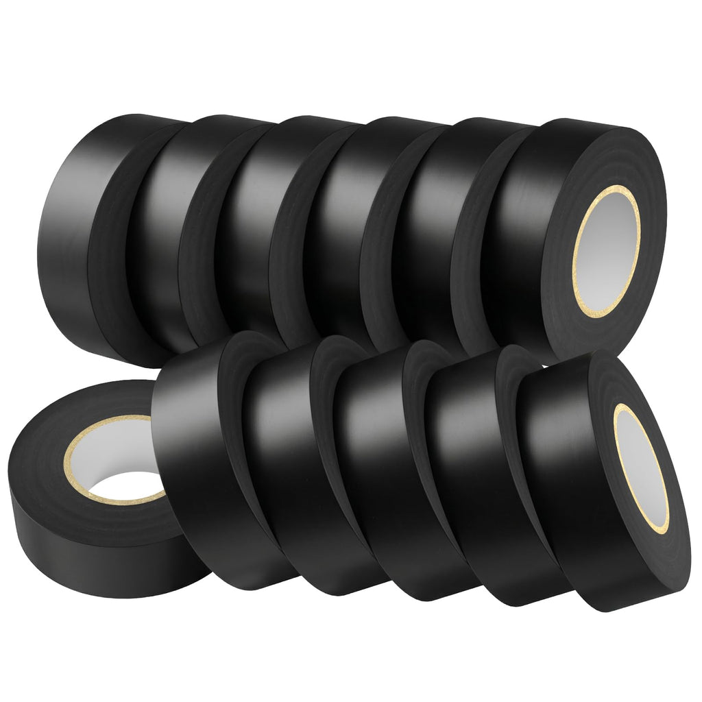 SWRT 12 Pack Black Electrical Tape Waterproof, 0.75 in x 66 FT High Temp Electric Tape Under 600V for All Weather - UV Protection - Flame Retardant