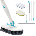 nacena Shower Scrubber with Long Handle, 4 in 1 Tile Tub Scrubber Brush with 3 Detachable Cleaning Shower Heads and Floor Squeegee Shower Cleaner Brush for Bathroom Kitchen Tub Sink Floor, Blue White