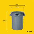Rubbermaid Commercial Products BRUTE Heavy-Duty Round Trash/Garbage Can with Venting Channels, 32-Gallon, Gray, Wastebasket for Home/Garage/Bathroom/Outdoor/Driveway