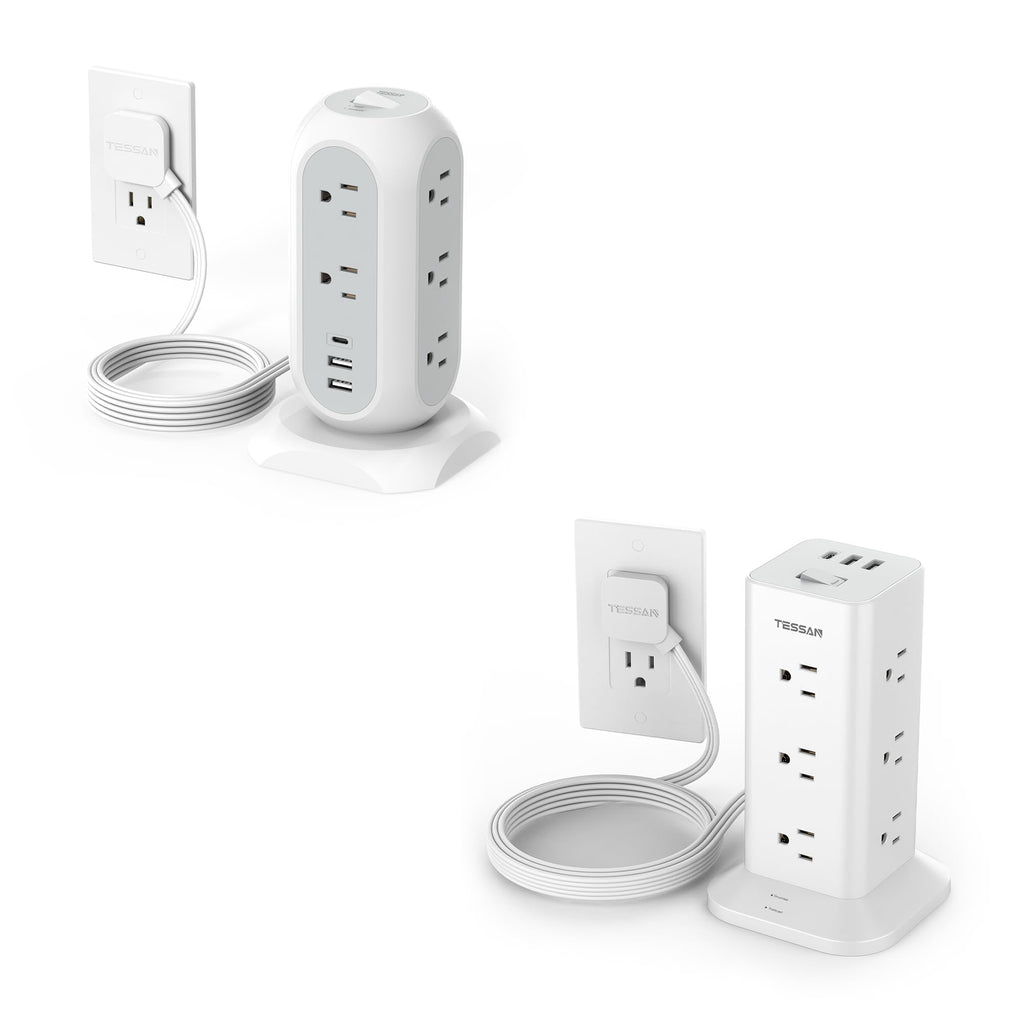 Power Strip Tower with Surge Protection, TESSAN Flat Plug Extension Cord 6 Feet with Multiple Outlets 3 USB Ports (1 USB C), Office Desk Supplies, Dorm Essentials