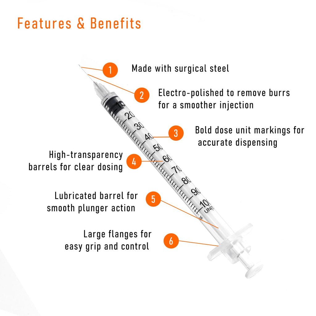 100pack 1cc Syringes with 32G 1/4 Inch-6mm U-100 Accurate Measuring for Liquid Individually Sealed Packaging