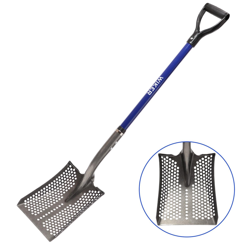 WIKER 45in Sand Sifting Shovel with Blue Fiberglass Handle - Heavy Duty Rock/Garden Sifter for Chicken Coop, Soil Screening, Gardening