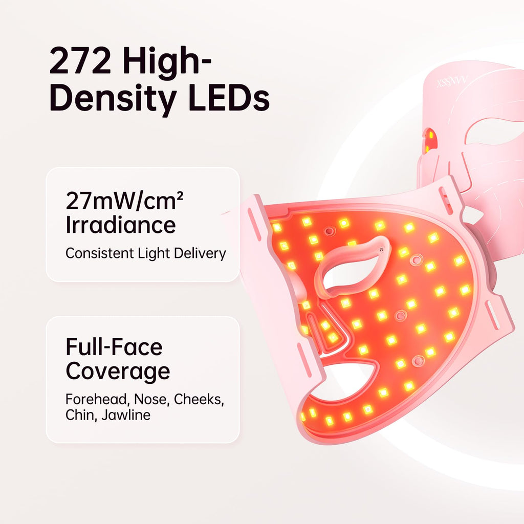 Red Light Therapy for Face – Cordless LED Face Mask with 4 Light Modes (NIR 850nm, Red 630nm, Blue, Amber), 272 LEDs, 10-Min Timer, Rechargeable for Glowing Skin at Home (Pink)