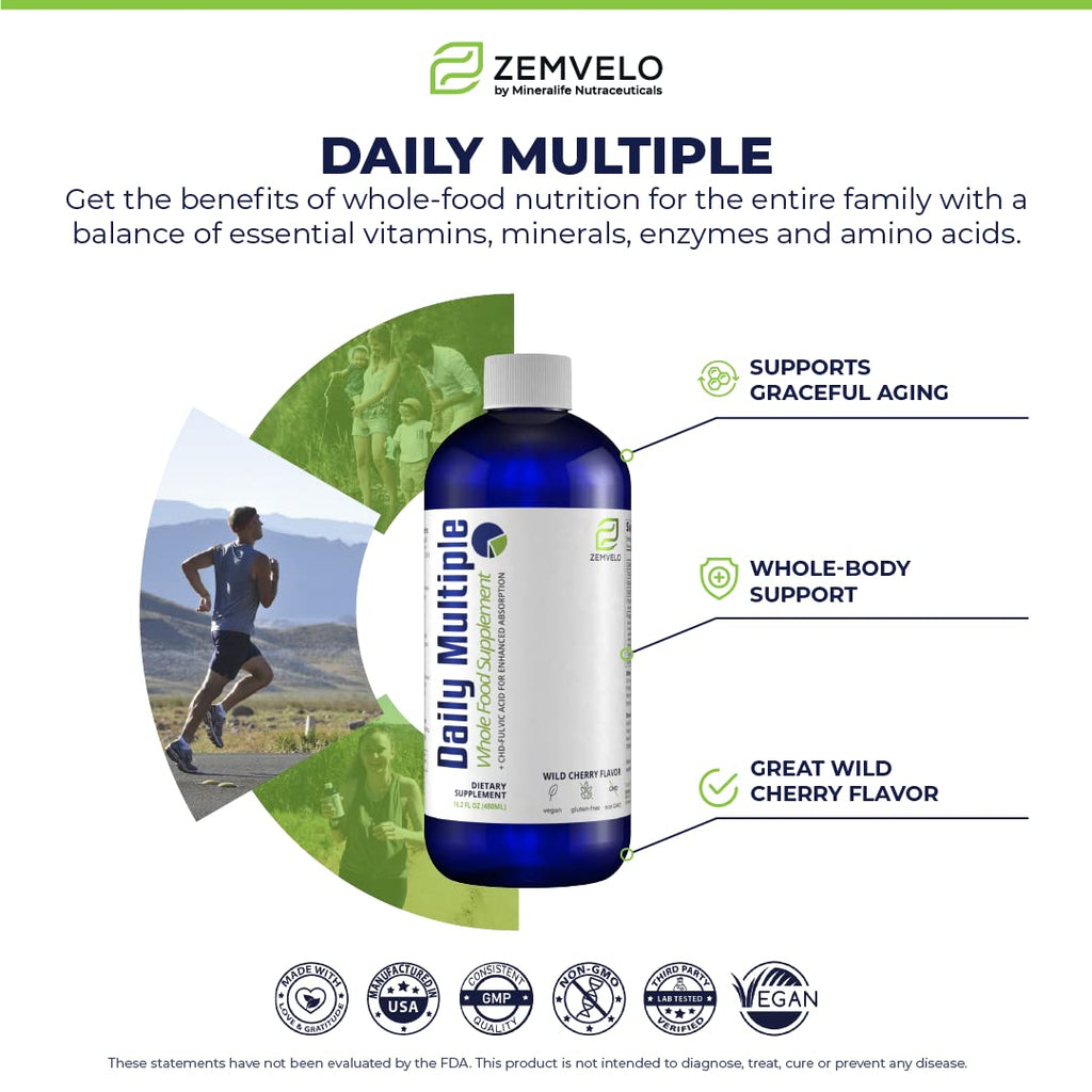 Mineralife Liquid Daily Multiple Supplement | Whole Food Nutrition - Wild Cherries, Honey, Aloe Vera, Seaweed | Multi-Mineral | for the Whole Family | Cherry Flavor