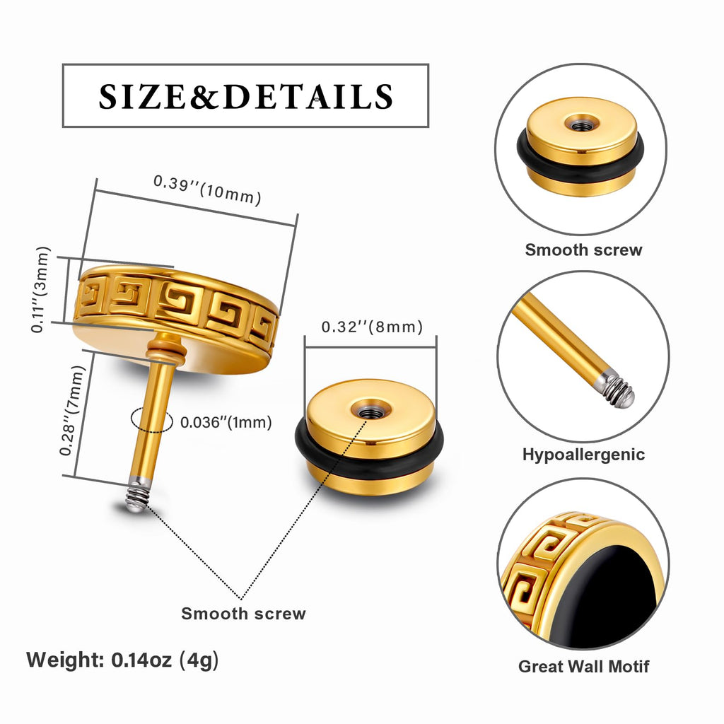 2026 Upgraded Hypoallergenic earrings for men,Mens surgical steel black stud earring jewelry,Great Wall wall grain round cake shape,Single black gel 0.4 inches wide