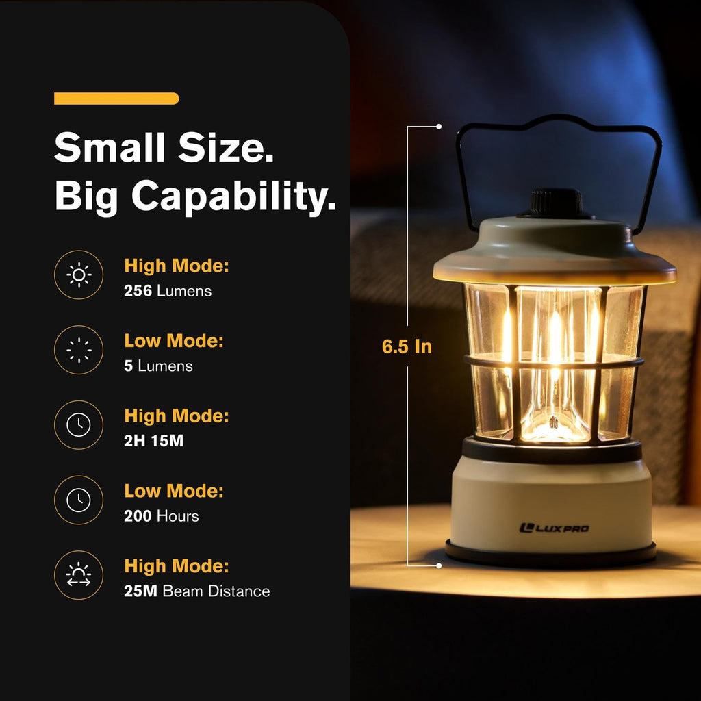 LUXPRO Retro LED Lantern - Battery-Powered Emergency Lantern - Water Resistant - Bright LED Lamp for Indoor & Outdoor Use - Use for Tents, Hiking or Hurricane Prep (Beige, Pack of 1)