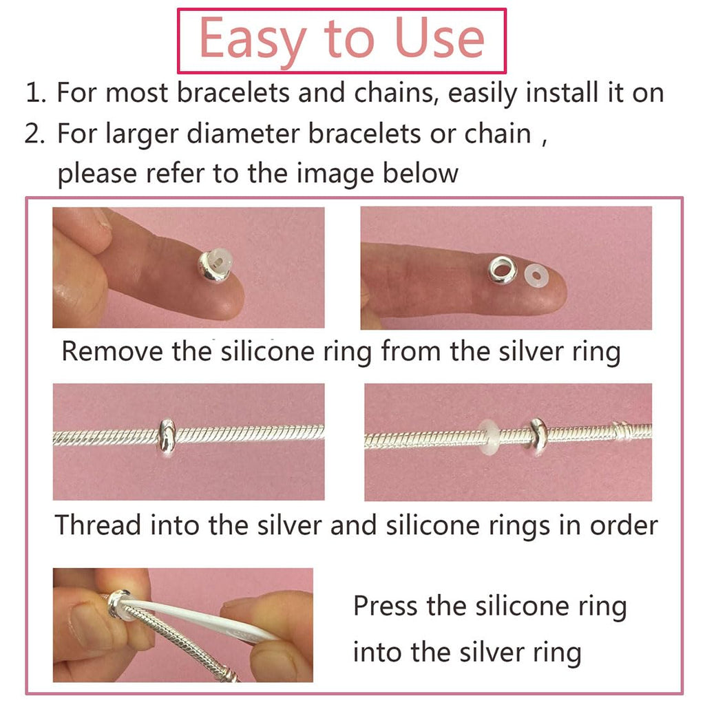 LAMOONY Clip Stopper Charms Sterling Silver Rondelle Spacer Bead for Bracelets (Silver) (Silver-4pcs)