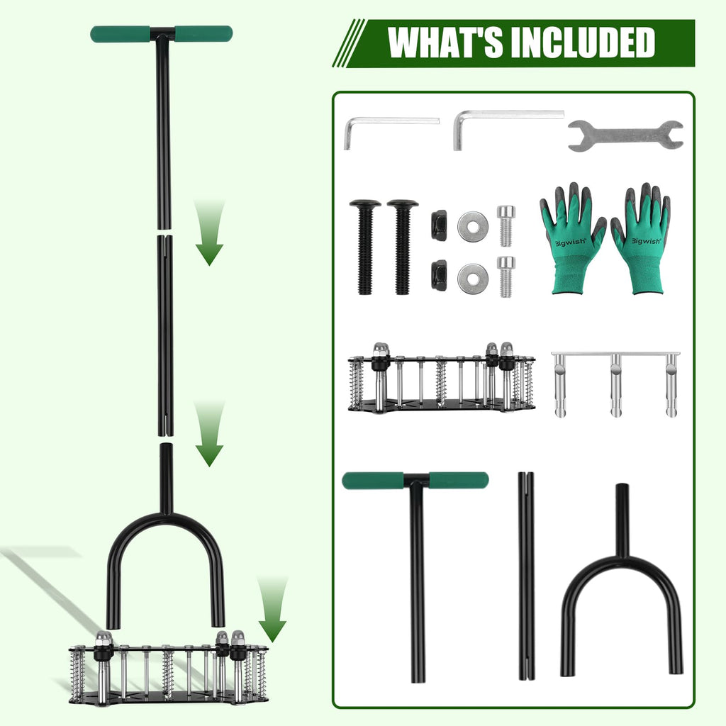 Bigwish 2-in-1 Lawn Aerator Tool with Interchangeable Spike & Plug Core Heads, Manual Lawn Aerator with Adjustable Handle, Heavy Duty Yard Aerator for Soil Loosening Lawn Care Garden Yard