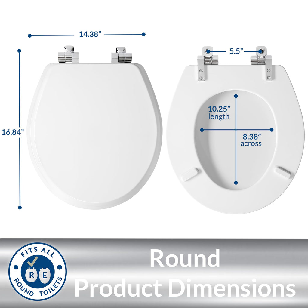 Mayfair Bennett Toilet Seat with Chrome Hinges, Slow Close Wood Seat, Secure Metal Hinges, Easy Install, Made in USA, Round, White