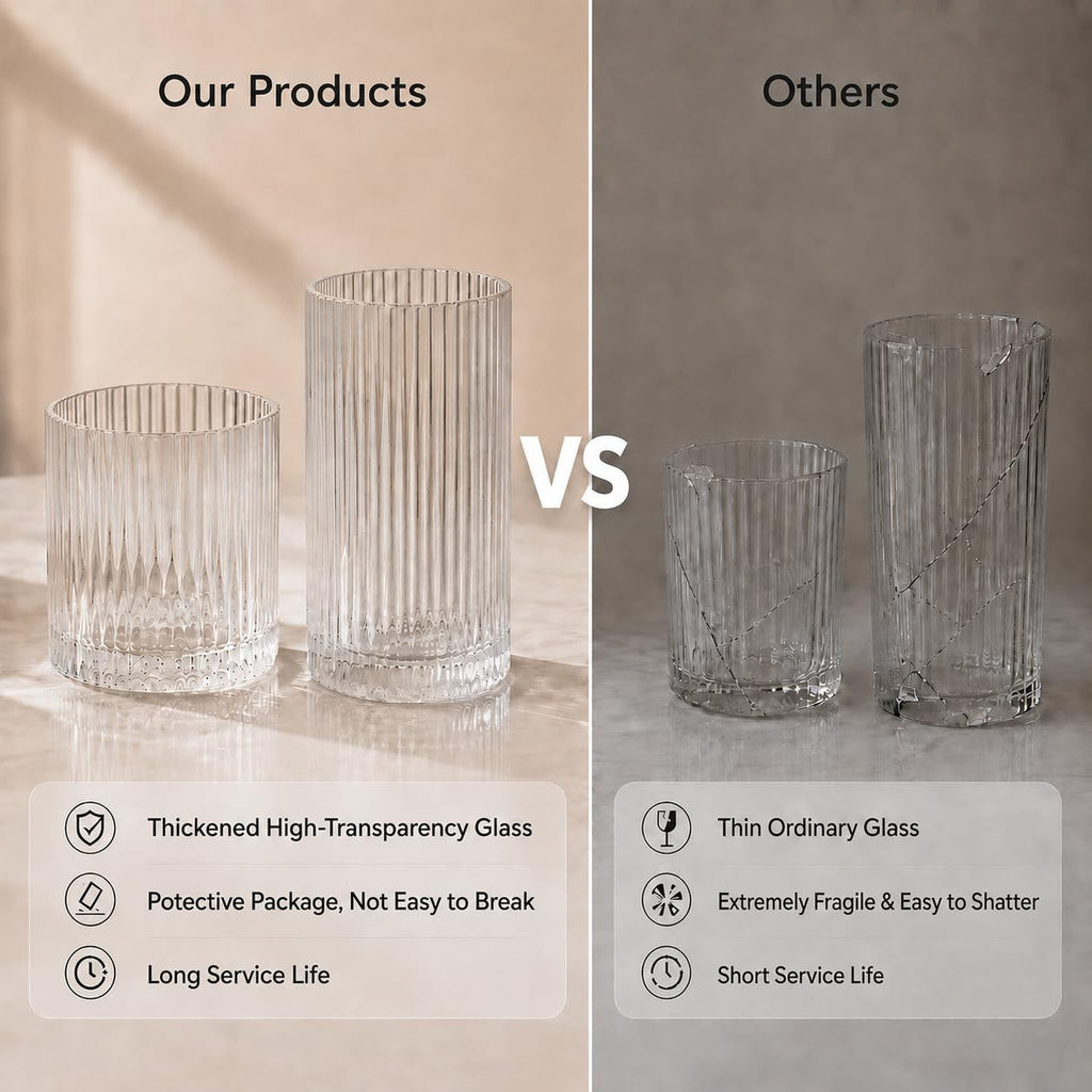 Lumkit Ribbed Drinking Glasses 8pcs, 12oz and 10oz Glassware, Tumbler Glasses Cup Set for Wedding, Party, Christmas Gift, Clear