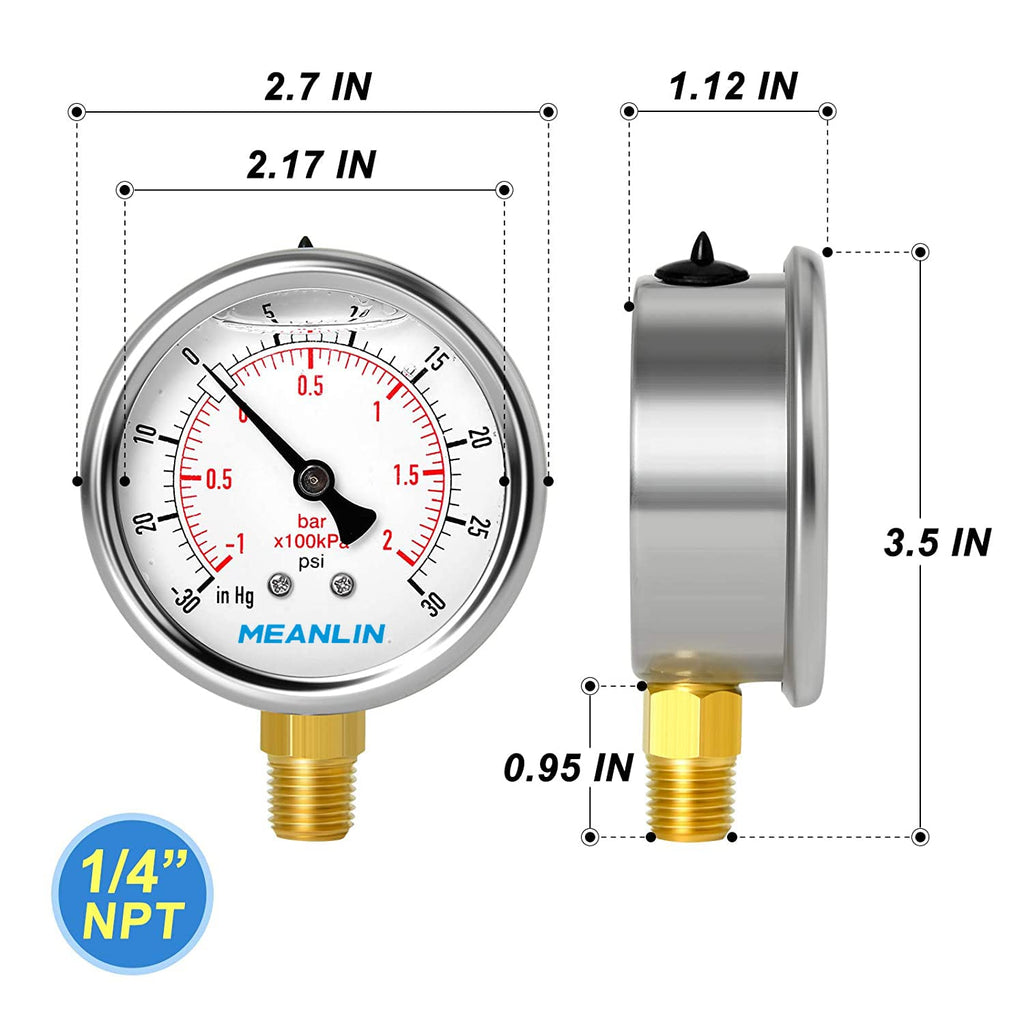 MEANLIN MEASURE -30inHG~30Psi Stainless Steel 1/4" NPT 2.5" FACE DIAL Vacuum Pressure Gauge, Lower Mount (Pack of 2), with 1/2" NPT and 3/8" NPT Hex Bushing