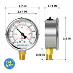 MEANLIN MEASURE -30inHG~30Psi Stainless Steel 1/4" NPT 2.5" FACE DIAL Vacuum Pressure Gauge, Lower Mount (Pack of 2), with 1/2" NPT and 3/8" NPT Hex Bushing