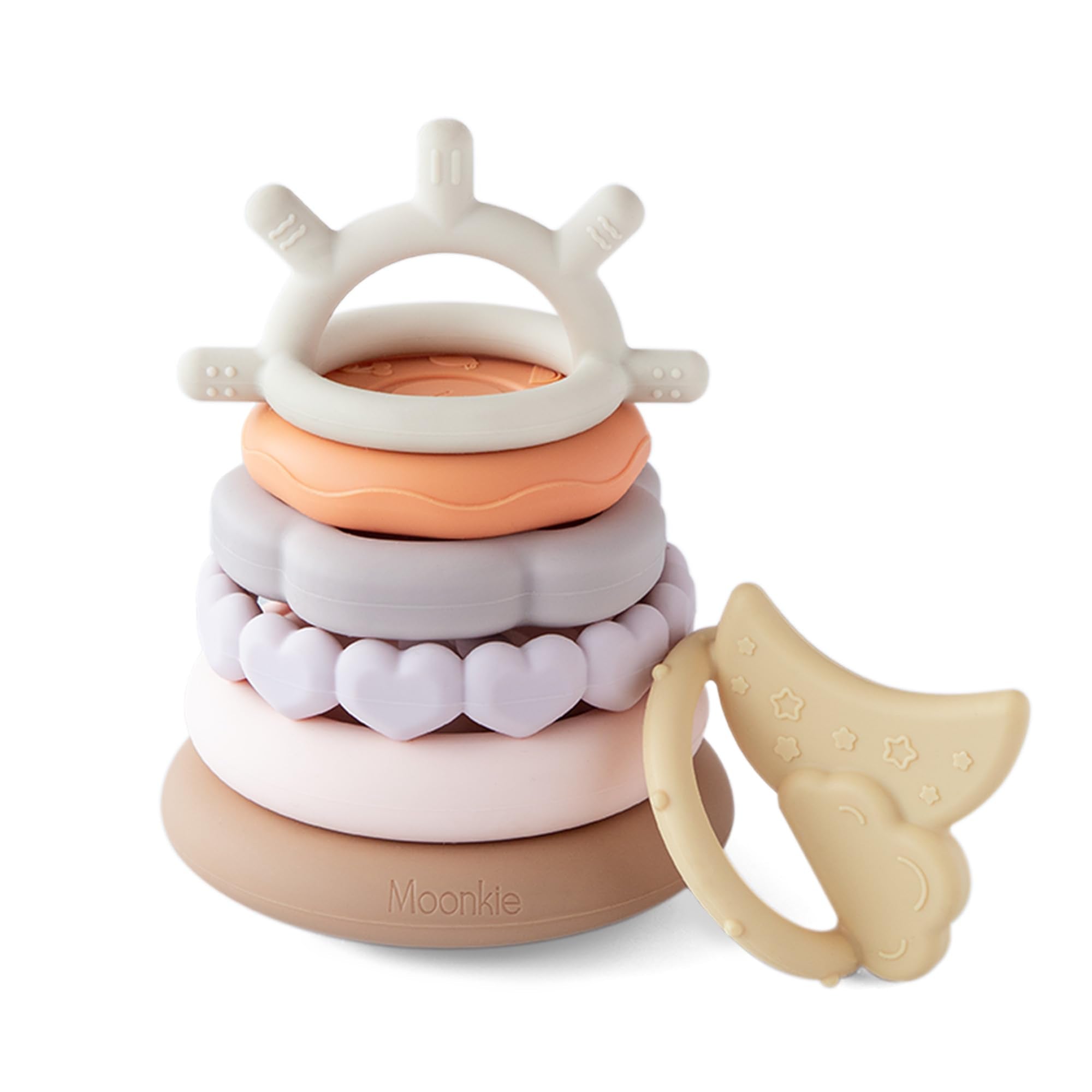 Moonkie Stacks of Circles Soft Teething Toy | Educational Learning Baby Toy | Stacking Ring Toys for Babies Boy and Girl | 7 Piece Teethers Set (Nature)