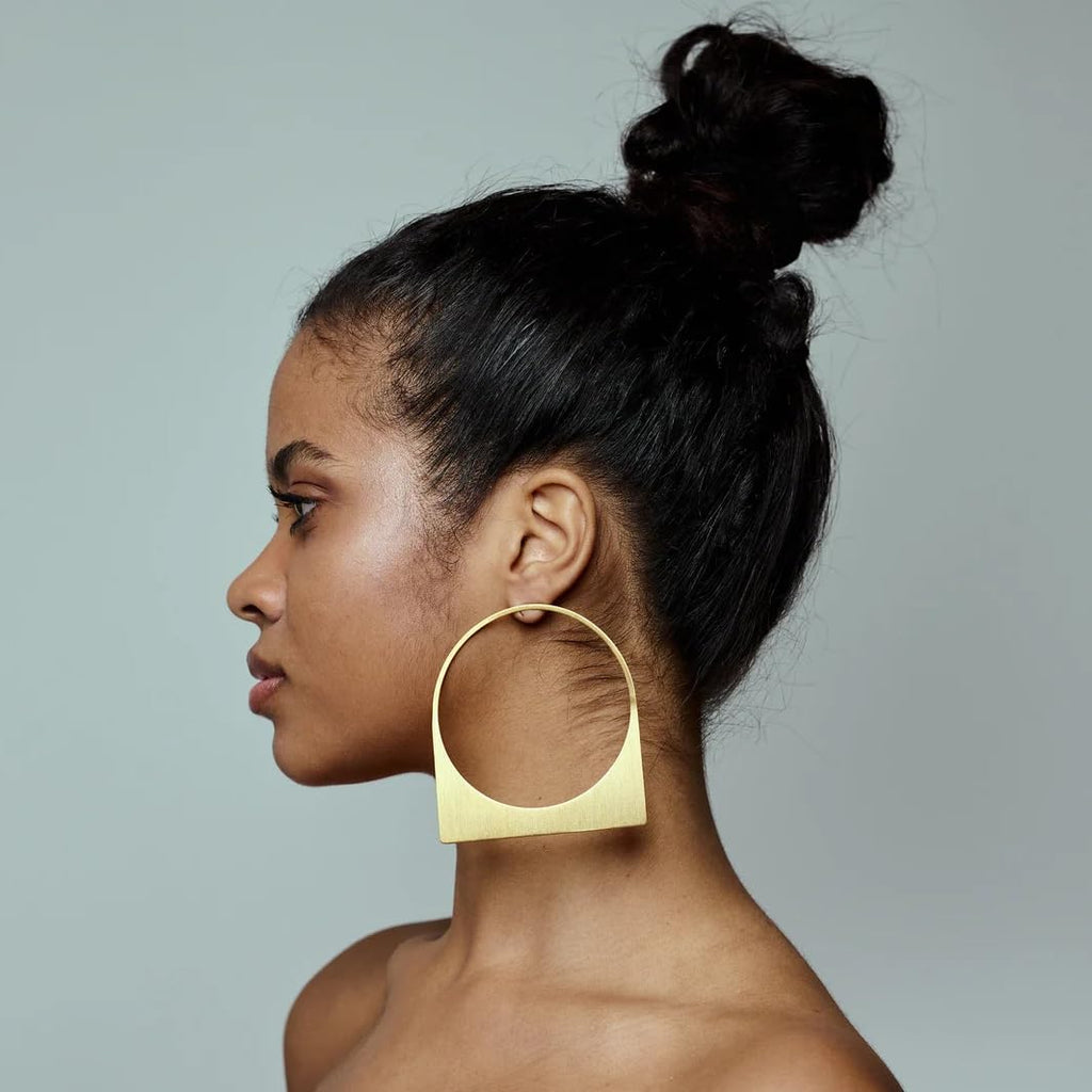 Large Gold Hoop Earrings, 14k Plating Big Chunky Geometric Hollow Brushed Metal Sheet Drop Dangle Huggie Studs Womens Statement Jewelry Gift (Hollow Gold)
