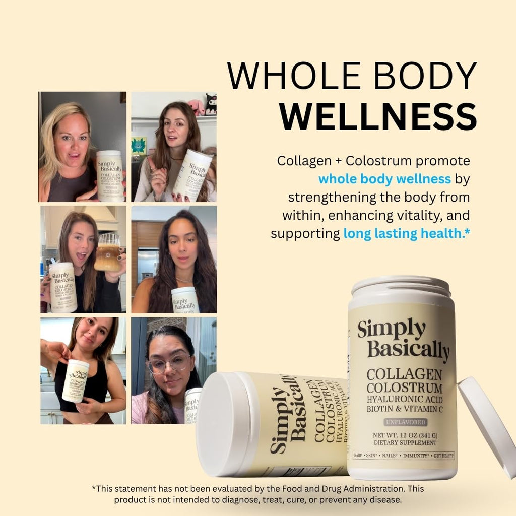 Simply Basically Colostrum Powder & Collagen Peptides, Biotin, Hyaluronic Acid & Vitamin C | Gut Health & Bloating, Immune Support, Hair, Skin & Nails Supplement | Unflavored | 11g Per Serving