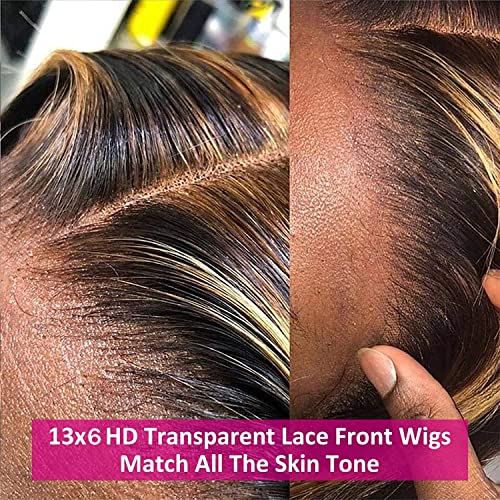 Aicrelery 26 Inch Highlight 13x6 Body Wave HD Transparent Lace Front Wigs Human Hair 4/27 Honey Blonde Body Wave Lace Frontal Wig For Women 180% Density Glueless Ombre Wig Pre Plucked with Baby Hair