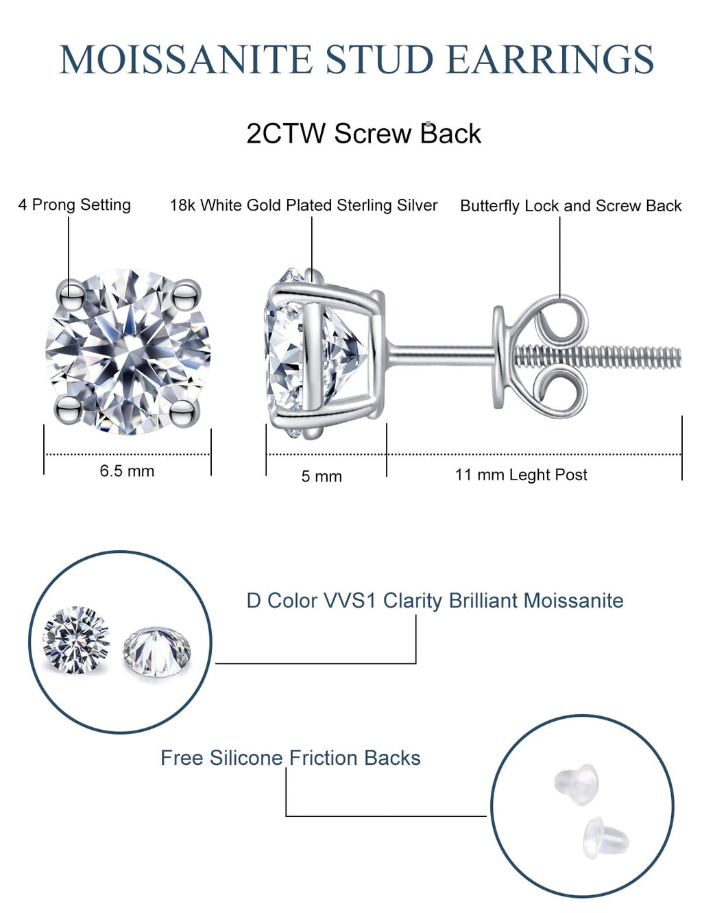 Moissanite Stud Earrings Hypoallergenic 925 Sterling Silver stud Earrings for Women Round Cut D Color VVS1 18K White Gold Plated Moissanite Earrings for Women Men Screw Back 2CTW 6.5mm