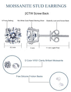 Moissanite Stud Earrings Hypoallergenic 925 Sterling Silver stud Earrings for Women Round Cut D Color VVS1 18K White Gold Plated Moissanite Earrings for Women Men Screw Back 2CTW 6.5mm