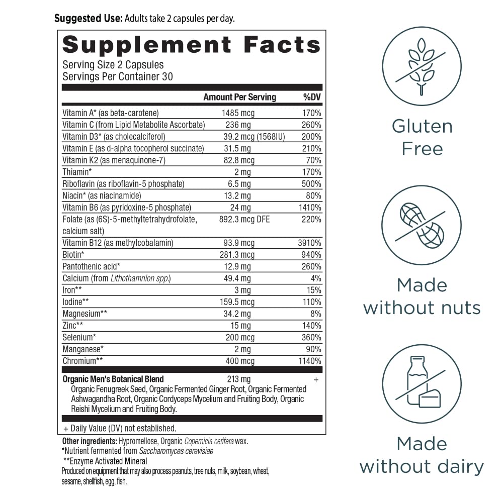 Ancient Nutrition Multivitamin for Men, Men's Fermented Multivitamin with Methylated Vitamin A, C, D, E, K, Zinc & Magnesium, Immune Support, Vegan, 60 Ct