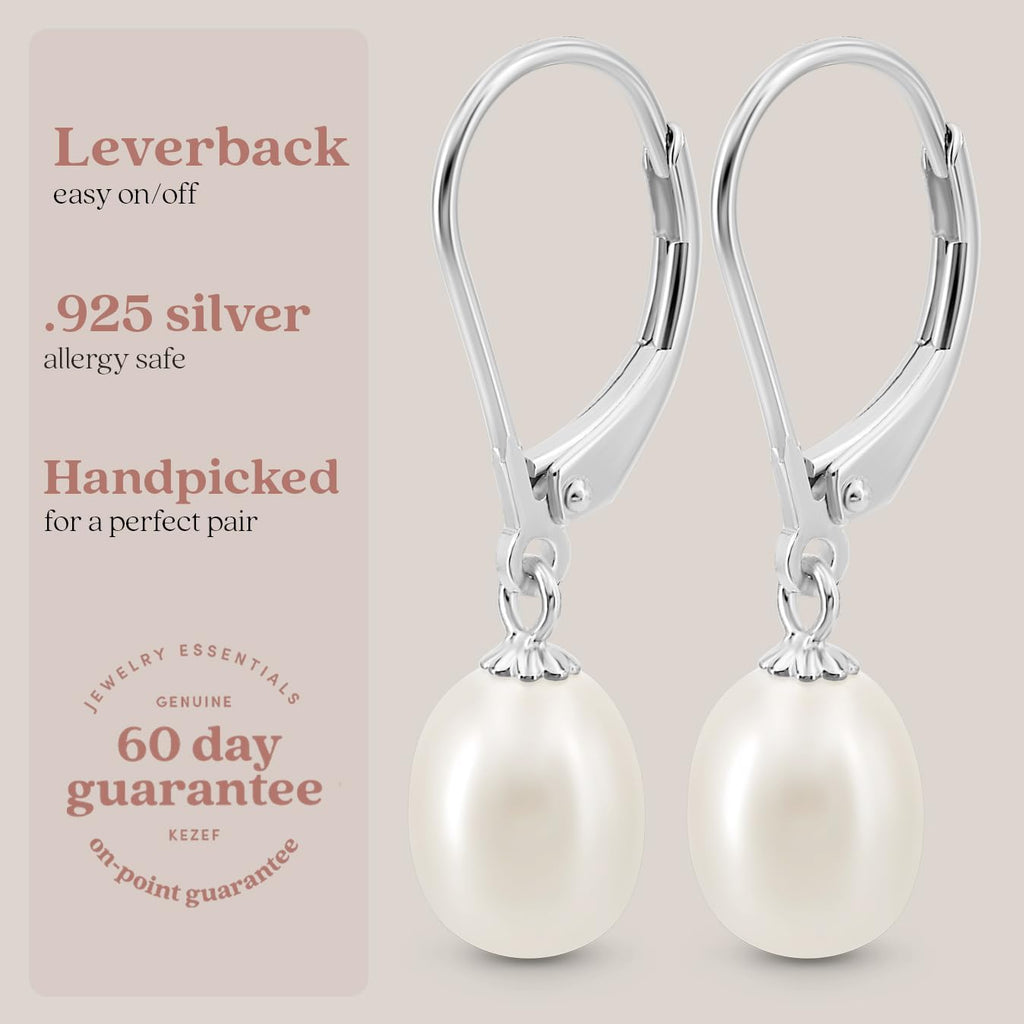 KEZEF Pearl Drop Earrings for Women, White Gold Plated Sterling Silver
