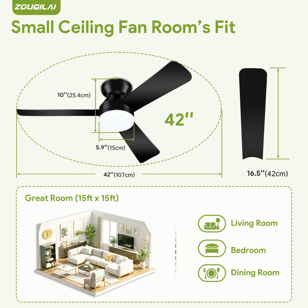 ZOUQILAI Ceiling Fans with Lights - 42 Inch Low Profile Ceiling Fan with Light and Remote, Reversible DC Motors, 3CCT Dimmable Timer Noiseless, Black Flush Mount Ceiling Fan for Bedroom/Living Room