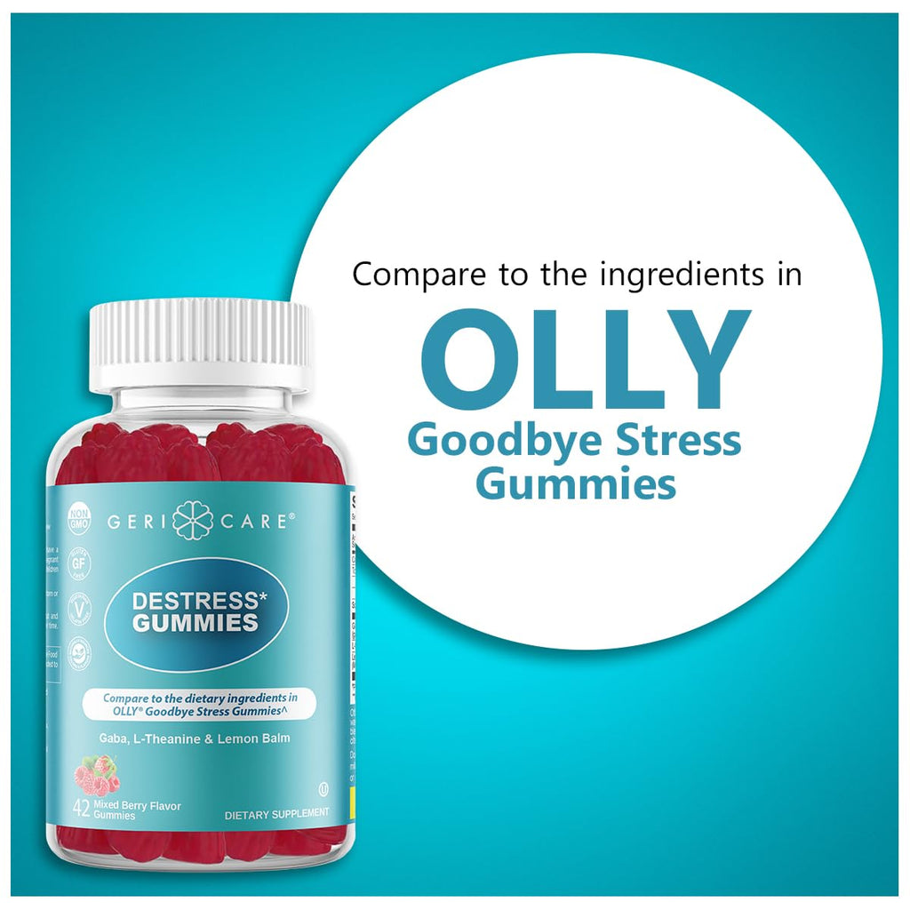 GeriCare DeStress Gummies with GABA, L-Theanine & Lemon Balm, Berry Flavor, 42 Count, Supports Relaxation & Mental Clarity, Non-GMO, Gluten-Free, Vegan (2 Pack)