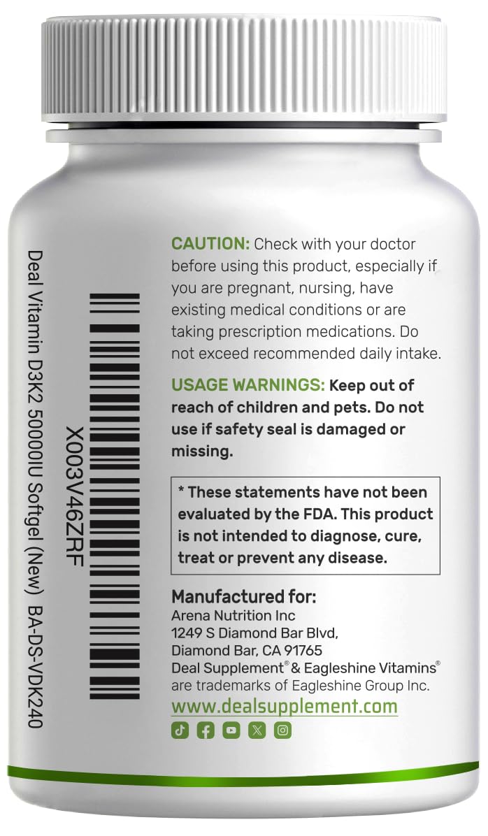 DEAL SUPPLEMENT Vitamin D3 50,000 IU + K2 MK7 200mcg Softgels, 240 Count | 2-in-1 Complex with Virgin Coconut Oil | Supports Heart, Bone, Teeth & Immune Health | Easy to Swallow