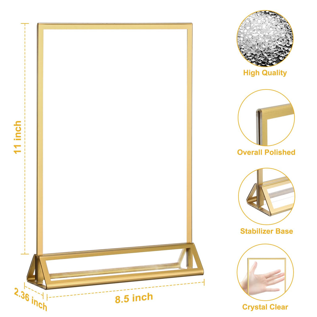 EHWINE 10 Pack 8.5×11 Clear Acrylic Sign Holder with Gold Borders and Vertical Stand, Double Sided Table Menu Holders Picture Frames for Wedding Table Numbers, Restaurant Signs, Photos and Art Display