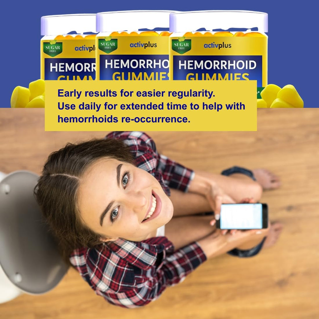 ACTIV PLUS Hemorrhoid Treatment to Reduce Re-occurrences & Easier Regularity with Stool Softener | 7 Clinically Studied hemorrhoid Ingredients | Plant-Based Sugar Free Lemon 60 Vegan Gummies