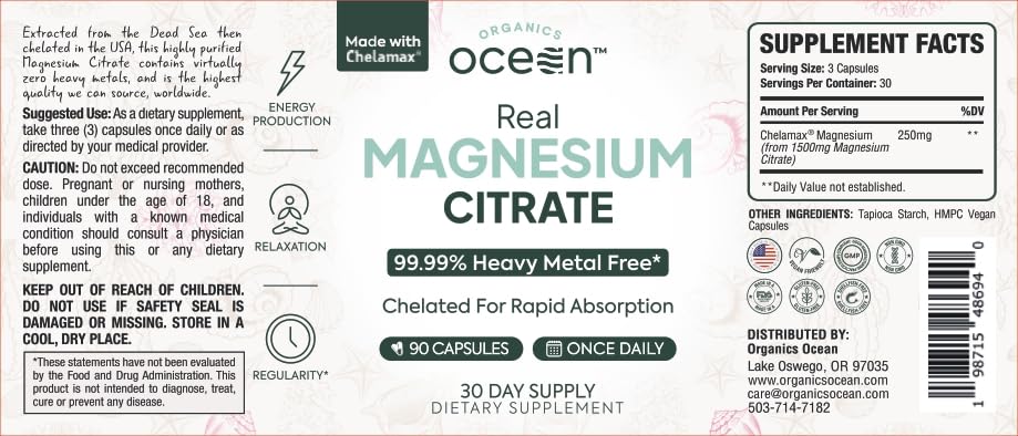 Organics Ocean Real Magnesium Citrate - High Absorption Magnesium Supplement - Chelated Magnesium to Support Energy, Relaxation, and Regularity - 6 Pack Bulk Supply