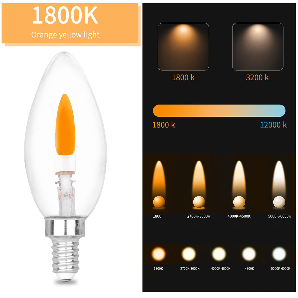 HEWA-Tech E12 Base (Miniature Screw) C35 Flame Tip Flicker Bulbs - Crystal Clear Candle Light with Orange Glow Effect for Halloween， E12 Non-Dimmable Chandelier Replacement Bulbs, 6-Pack